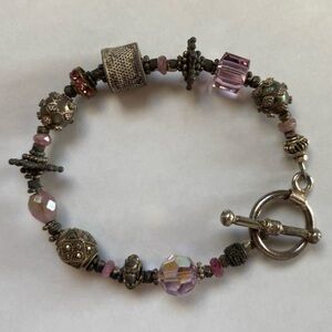 Vintage Silver and Pink Beaded Bracelet with Toggle Clasp
